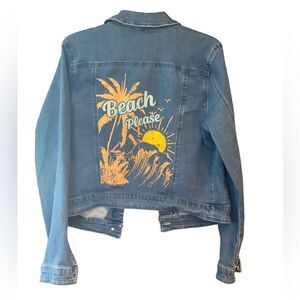 Studio Park Sz M Blue Denim Beach Sunrise Graphic Cotton Jean Jacket